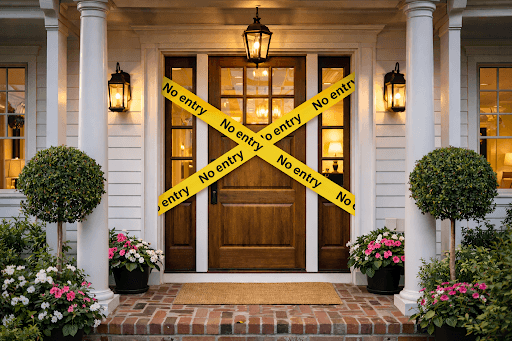 Front of house with caution tape over door that reads "no entry"