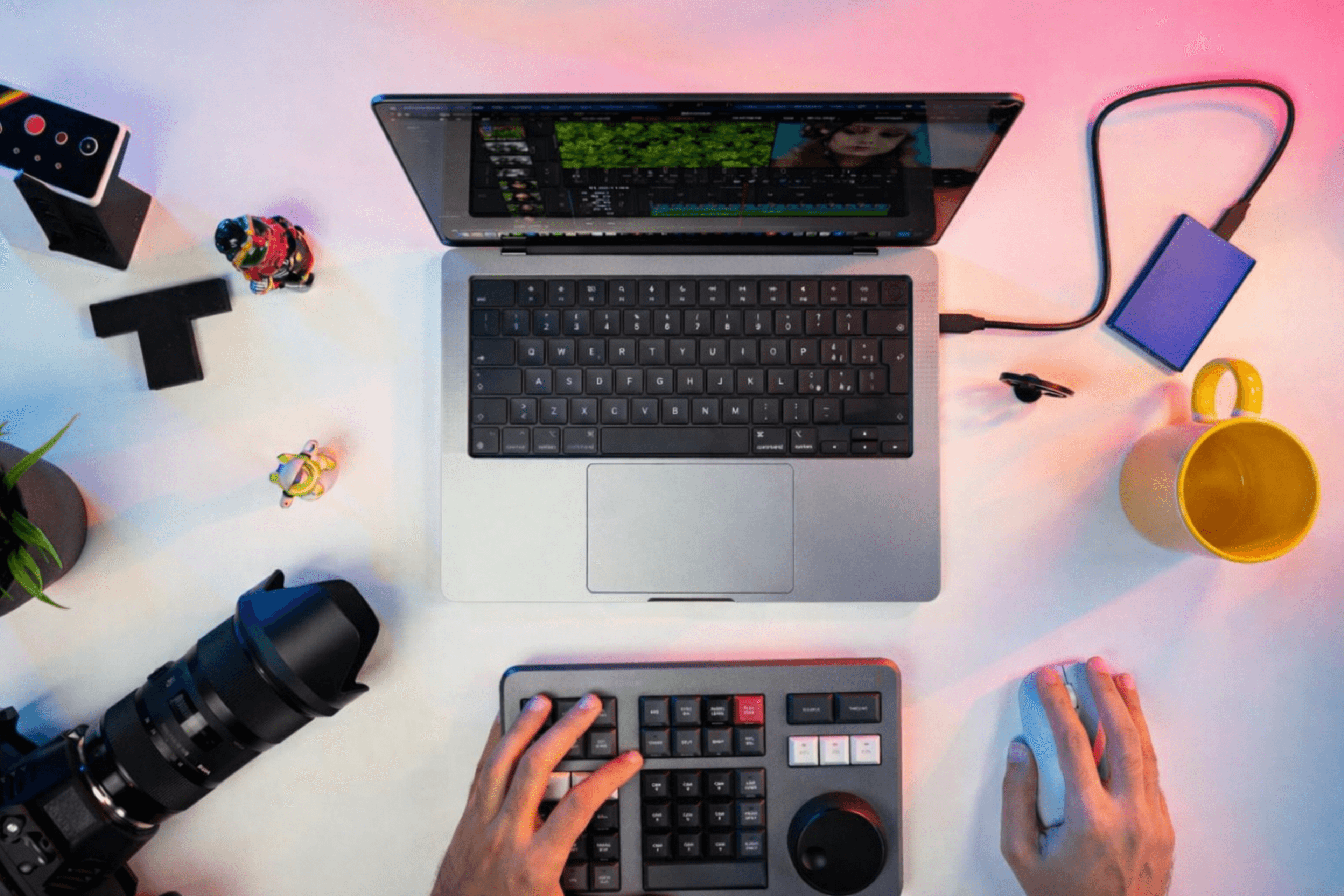 A video editor's desk with camera gear and editing tools