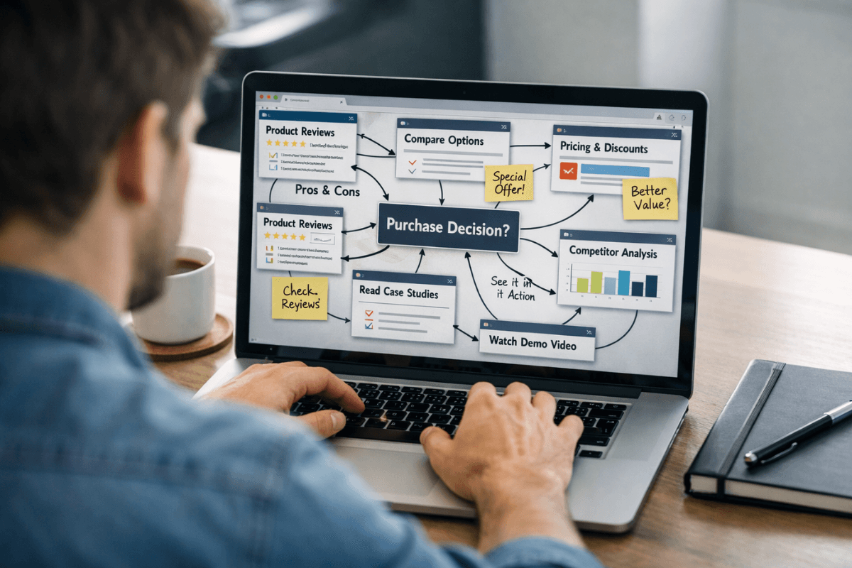 Man working on purchase decision web of options on laptop