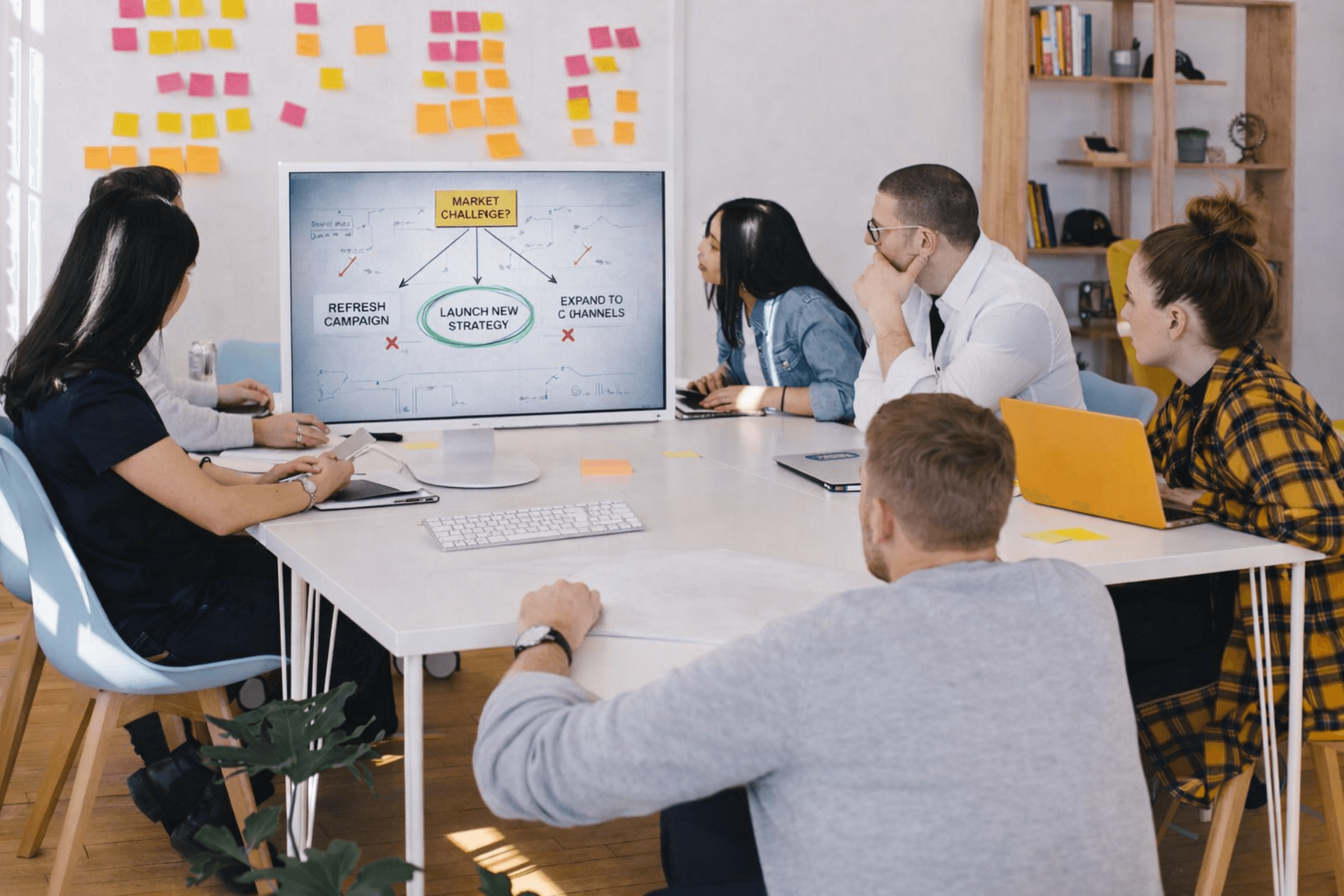 Team in office working on marketing strategy at computer