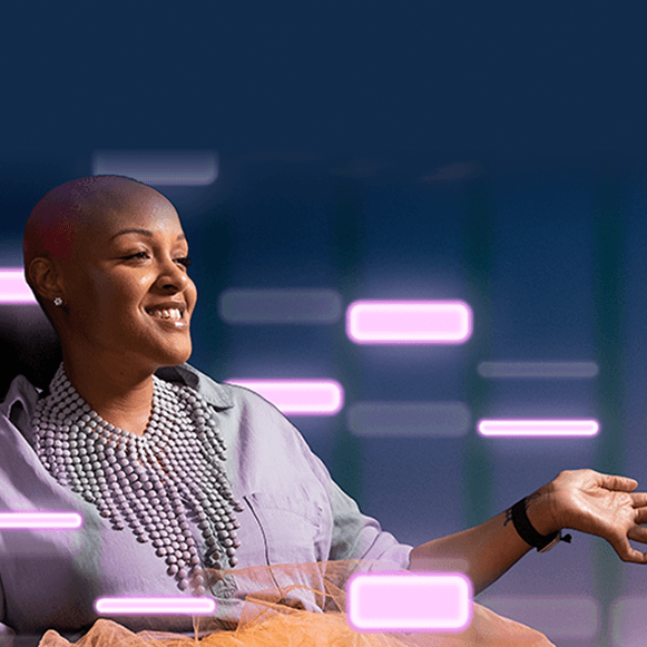 Woman sitting surrounded by glowing purple rectangles