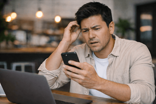 Man looking frustratedly at cell phone in cafe