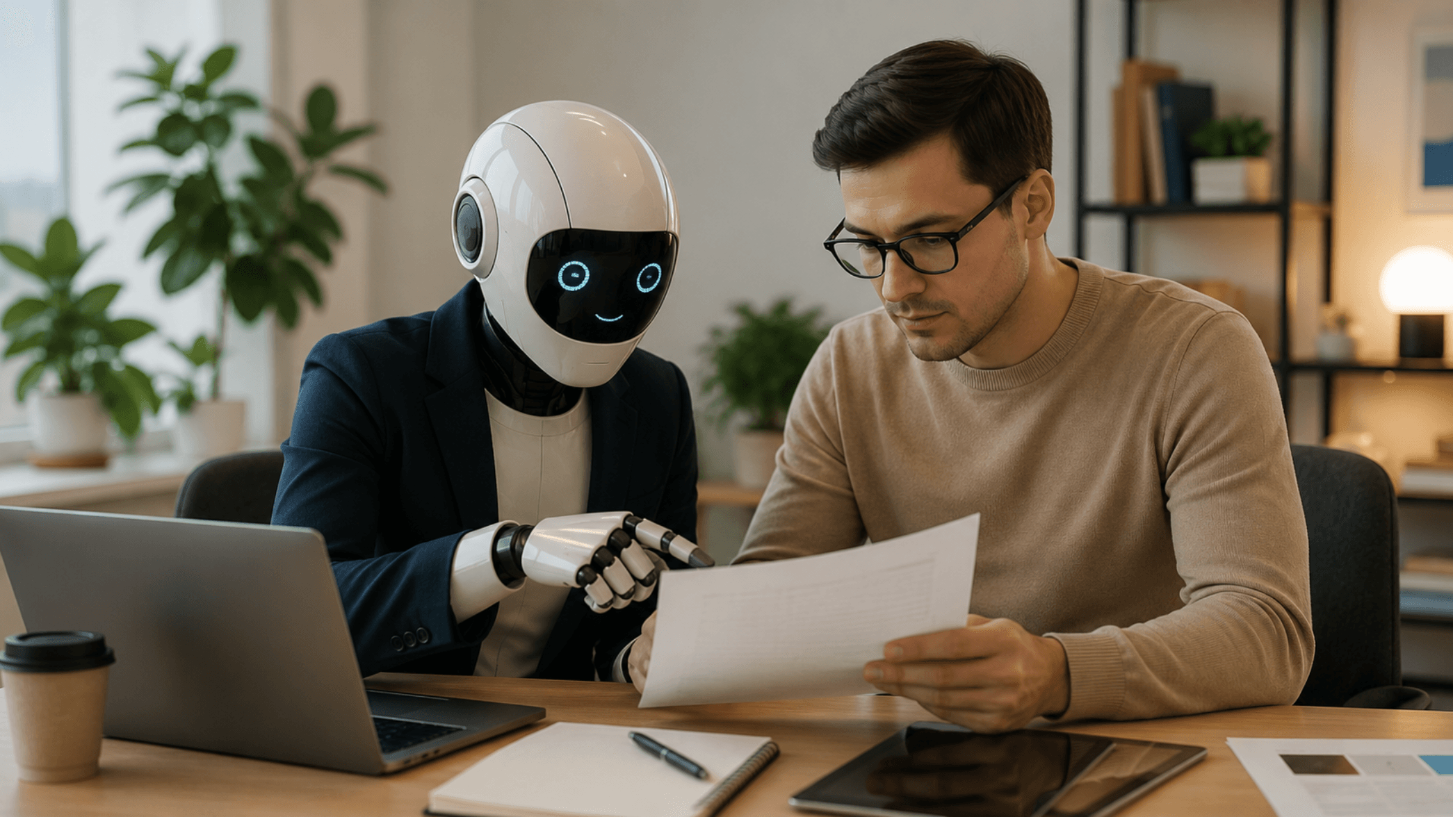 Image of a robot and man reviewing documents together.